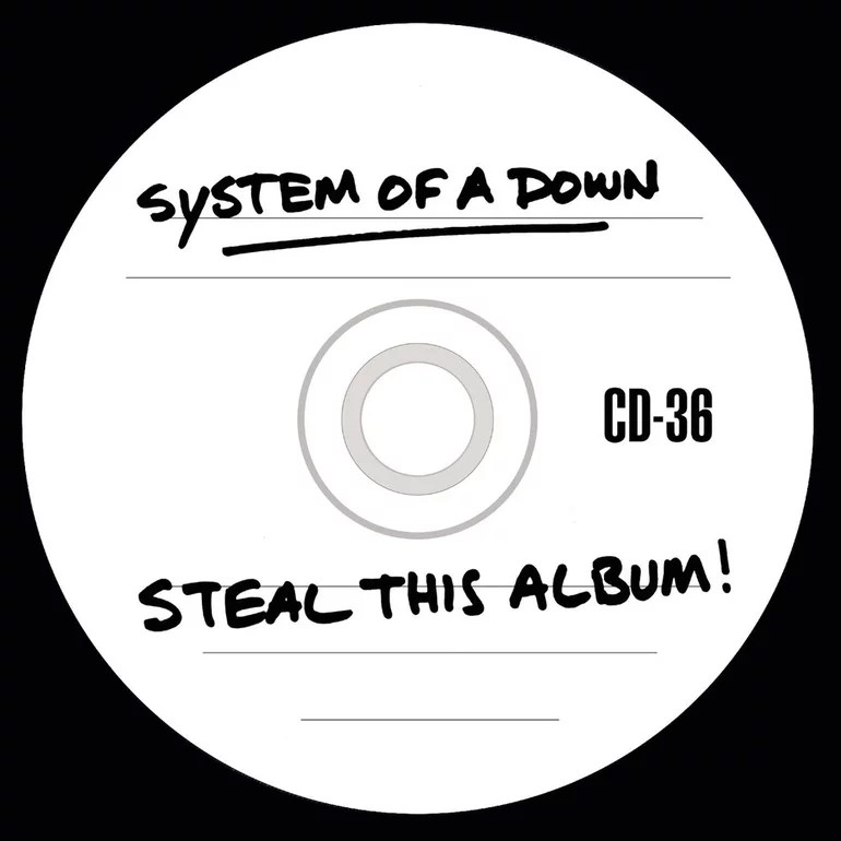 The album cover for System of a Down's Steal This Album. It is a plain white CD with the band and album name scrawled in marker